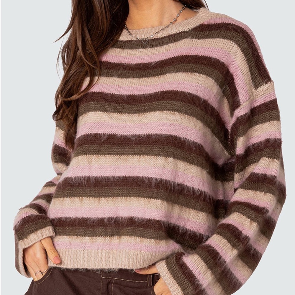 EDIKTED Striped Oversized Cropped Sweater in Pink and Brown/Beige Mix -Size M/L - Picture 12 of 13